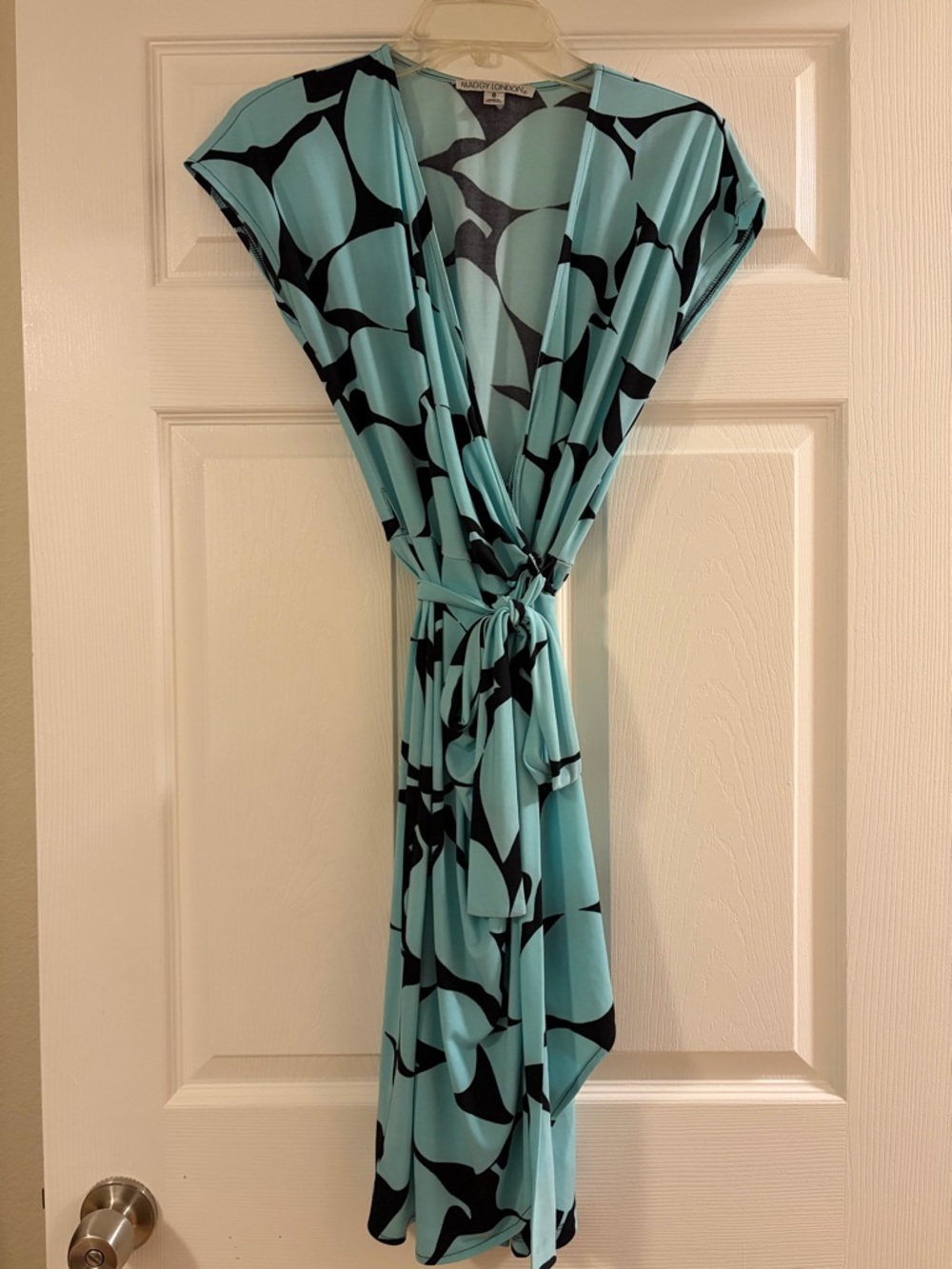 Maggy London Aqua and Black Abstract Wrap Dress